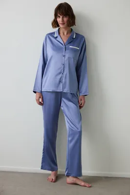Hailee Satin Long-Sleeve Shirt & Pants Set PN59URHJ25SK