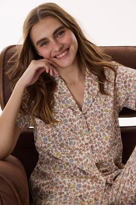 Floral Pointelle Short Sleeve Shirt & Pants Pajama Set PNUB466526IY